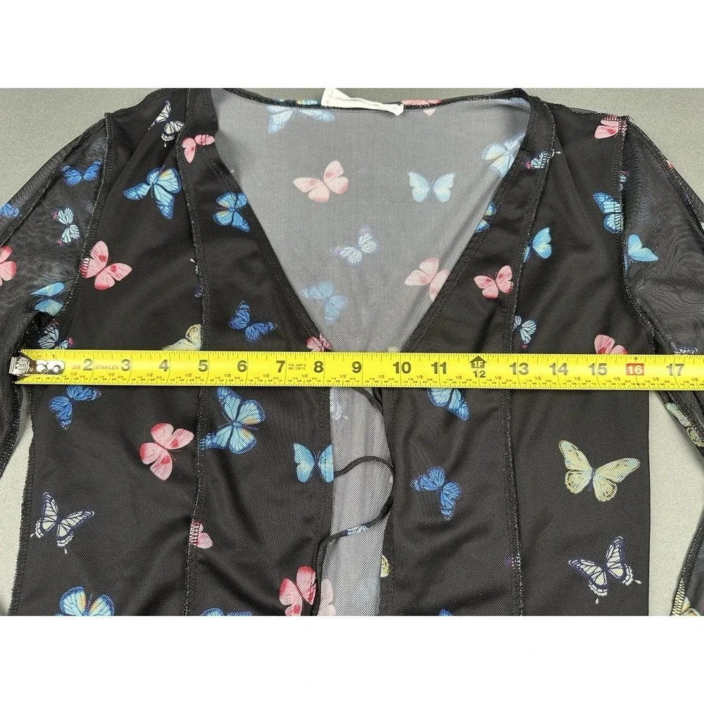 Elodie Butterfly Mesh Cardigan Women Large Black Tie Front Split Bell Sleeve Y2K